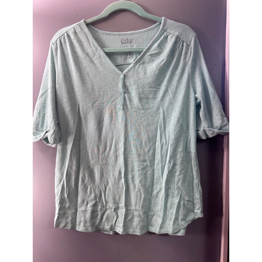 Croft & Barrow Womens Henley Top Mint Green Short Sleeve Roll Tab V-Neck Large